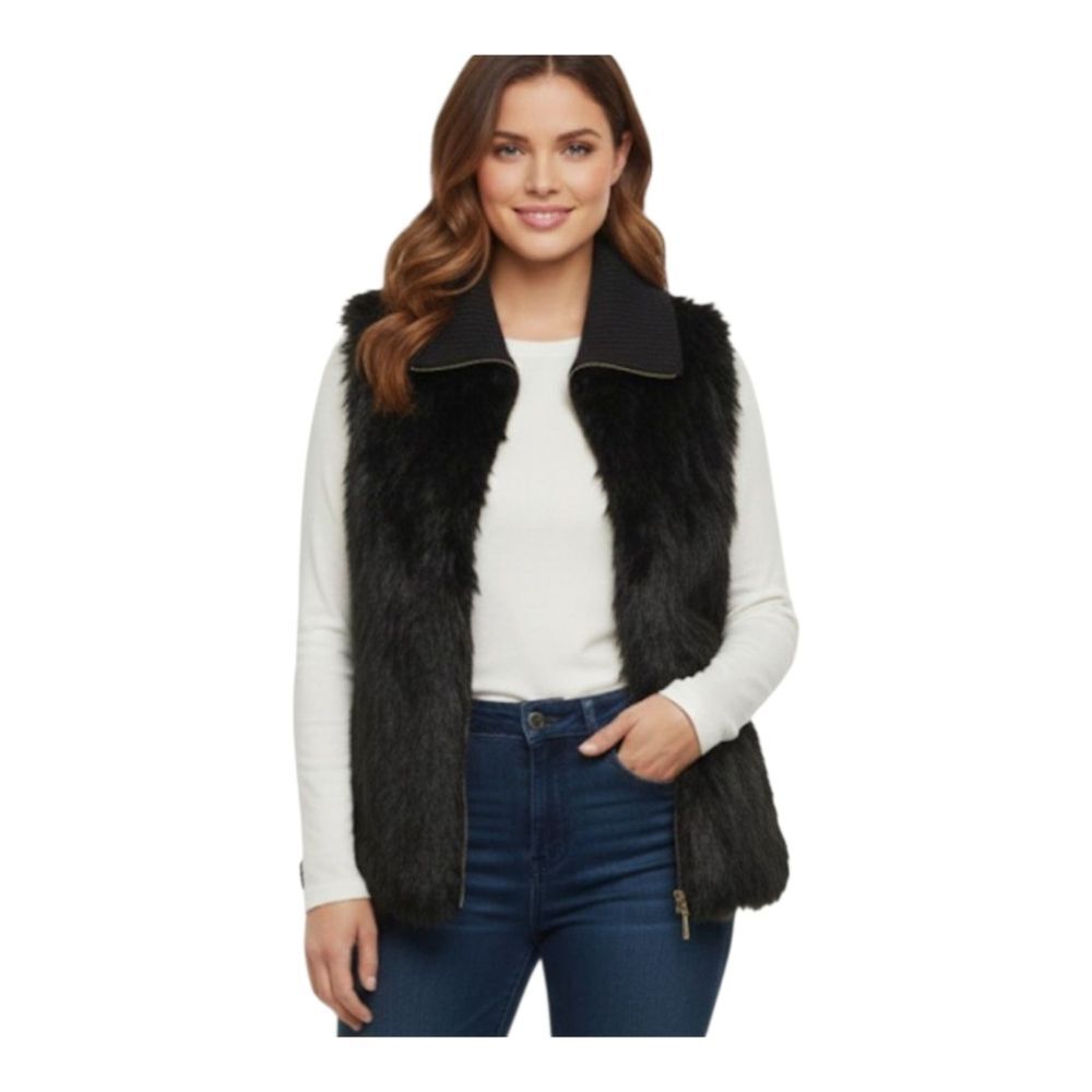 Michael Kors Faux Fur Zip Up Sweater Vest Black size XL Shaggy Vegan Furry
